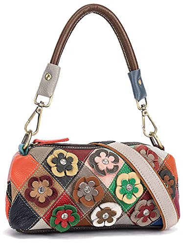 Karoukee Damen Kleine Rindsleder Handtasche, Stilvolle Tornistertasche mit Patchwork Design, Leicht zu Tragen Umhängetasche, Bunte Schultertasche für Frauen