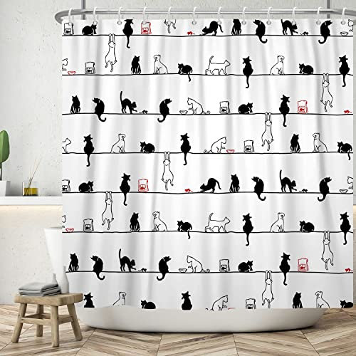 Ttincceer 152x183cm Nero Bianco Gatto Doccia Tenda con Gancio Carino Semplice Gattino Bagno Tenda Nero Bianco Animale Divertente Animale Domestico Doccia Tende Impermeabile Vasca da Bagno Tenda