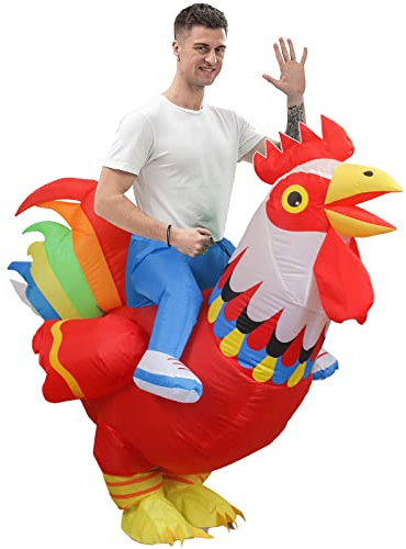 IRETG Aufblasbare Hahn Hühner Kostüm Blow Up Ride-on Huhn Kostüme für Party Halloween Weihnachten Cosplay Erwachsene Größe