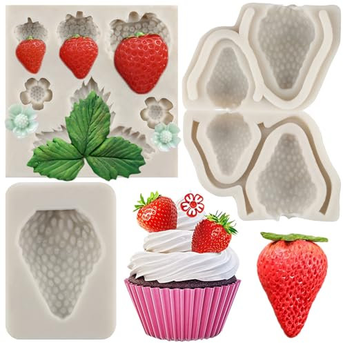 MYPRACS Set di 4 mini stampi in silicone a forma di fragola, per decorare torte, cupcake, zucchero, caramelle, argilla polimerica, cioccolato, pasta di gomma