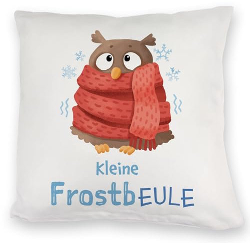 Kleine Frostbeule Kuschelkissen mit Spruch niedlicher Eule EIN bequemes DekoKuschelkissen für die Couch lustiges Eule Motiv Frostbeulen frieren Frauen Geburtstag Kuschelkissen