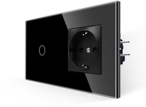 JIMEIDA Interruttore della luce touch con presa di corrente, nero, 1 vano, 1 via, pannello in vetro e interruttore LED di stato, 300 W, 157 x 86 mm