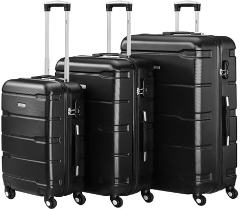 Zelsius Koffer Set 3 Stück, Schwarz | ABS Hartschalenkoffer mit Zahlenschloss, Doppelrollen und Innen Trennwand | Trolley, Koffer Groß, Luggage Set, Handgepäckkoffer, Hartschalenkoffer Set 3 teilig