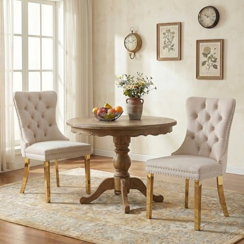 Sillas de comedor con espaldar de ala acolchado, blanco y dorado, juego 2 | Terciopelo suave, remaches y aro decorativos en el respaldo, patas metálicas de plata. Ideal para comedor, salón.
