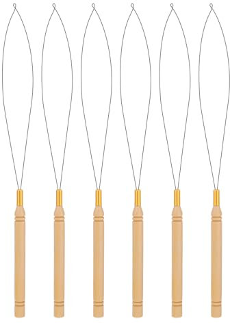 KALIONE 6 Pack Hair Extension Beader Hair Extension Loop Needle Threader Pulling Hook Bead Device Tool Wooden Hair Extension Loop Needle Kit for Hair or Feather Extensions(Loop)