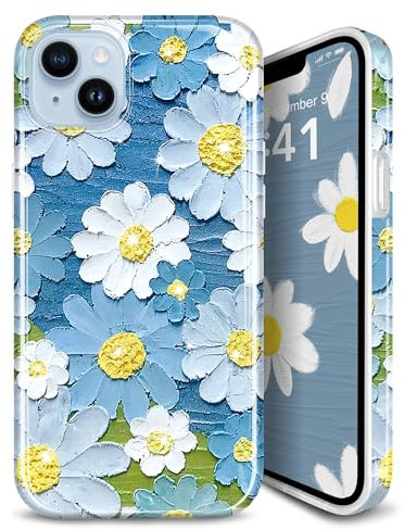 JIAXIUFEN Case for iPhone 14 and iPhone 13, Flower Oil Printed Retro Glitter Sparkle Slim Shockproof Soft Silicone TPU Case Cover for iPhone 14 Case, Daisy Blue