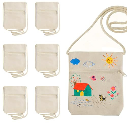 SRTSTR 6 Stück Stofftaschen zum Bemalen Blanko Brustbeutel Kinder Leinen Umhängegeldbeutel mit Reißverschluss 18×13cm Taschen zum Bemalen für Kinder Geburtstag Schule Geschenk (Beige)