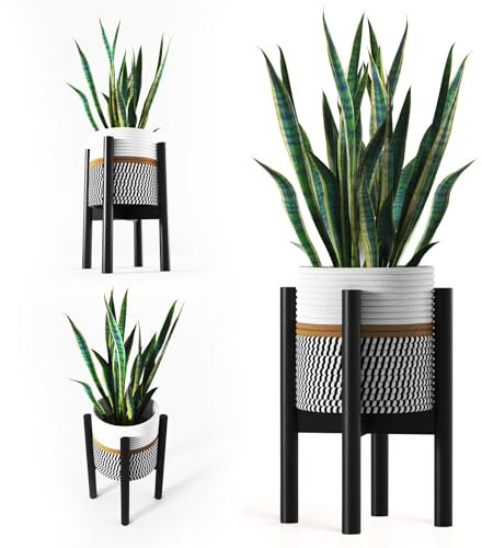 LA CASITA DE AMARA - Conjunto Macetero Textil + Soporte Plantas Bambú para Plantas Artificiales Decorativas o Plantas Naturales Interior. Macetero con Pie para Decoracion Hogar en color Negro