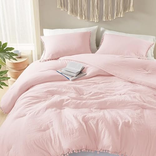 Codi Pinkes Bettdecken-Set für Queen-Size-Betten, Boho-Stil, ästhetische Bommel-Fransen-Bettwäsche für Teenager-Mädchen, niedlich, weich, gewaschene Mikrofaser, leicht, 3-teilig, 1 Bettdecke und 2
