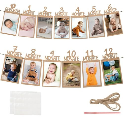 Youery Foto Banner 1. Geburtstag für 1 bis 12 Monate, Deutsch Baby Meilenstein Girlande, Braun Kraftpapier Girlande, Hängende Foto Wanddekoration für Mädchen Jungen Party Deko Feiern