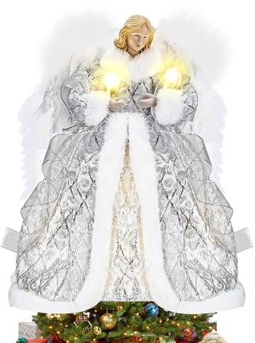 Shinkuro 12.6In Angel Christmas Tree Topper, Christmas Decorations Light Up Angel, Angel Figurine Christmas Tree Ornaments Topper, Christmas Tree Topper with Feather Wing, Angel for Indoor Home Decor