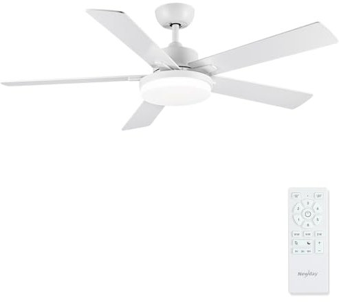 Newday 132cm Ventilador de Techo con Luz y Mando Blanco, Reversibles DC Motor Silencioso, Lámpara Dimmer, 5 Aspas, 3 Temporizadores, Función de Memoria,Patrones de Sueño para Dormitorio