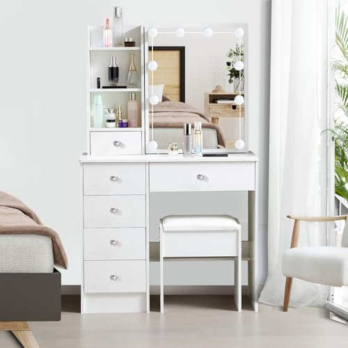 Saimeihome Schminktisch mit Beleuchtung und Hocker, Frisiertisch mit 3 Farben einstellbare Helligkeit, Kosmetiktisch mit 6 Schubladen 6 Ablagefächern für Schlafzimmer Kinderzimmer, 80x36x130cm SW39