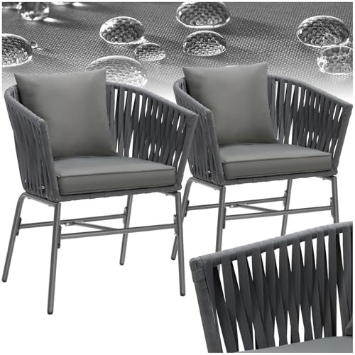 TecTake® Set di 2 Sedie, Design a Corda Intrecciata, Struttura in Acciaio Verniciato, Cuscini Extra Spessi, Rivestimenti Idrorepellenti e Lavabili, Piedini Regolabili, 60x61x77 cm