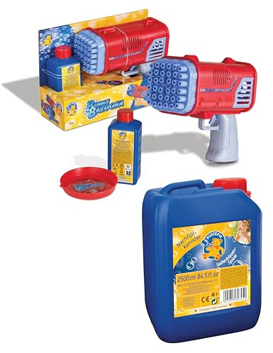 PUSTEFIX Bubble Party Bazooka & 2,5L Nachfüllkanister I Lustiges Seifenblasen Kinder Set mit Seifenblasen Flüssigkeit I Besonders viele Bunte Bubbles