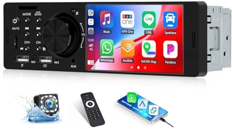 OiLiehu Single Din Car Stereo with CarPlay Android Auto, 4 Car Radio 1 Din with Touchscreen, MP5 Multimedia Player with Mirror Link, Bluetooth, FM/RDS, USB, TF-Port, EQ, SWC, Back Camera
