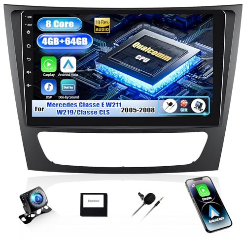 SIXWIN Qualcomm 8 Core 4+64G Android 13 Autoradio mit CarPlay/Android Auto für Mercedes-Benz E-Klasse W211/CLS-Klasse 2005-2008,9 Zoll Touchscreen mit WiFi GPS Bluetooth FM/RDS DSP+Rückfahrkamera
