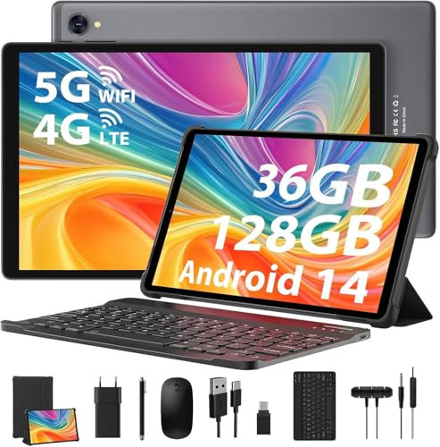 MIXLURE 10 Pulgadas Tablet Android 14, 36GB RAM + 128GB ROM(1TB TF), 4G LTE y 5G WiFi, 2K 1920x1200 FHD, Octa-Core 2.0 GHz, 8000mAh/13 MP+8 MP/BT 5.0/GMS, con Kit Completo De Accesorios(Gris)