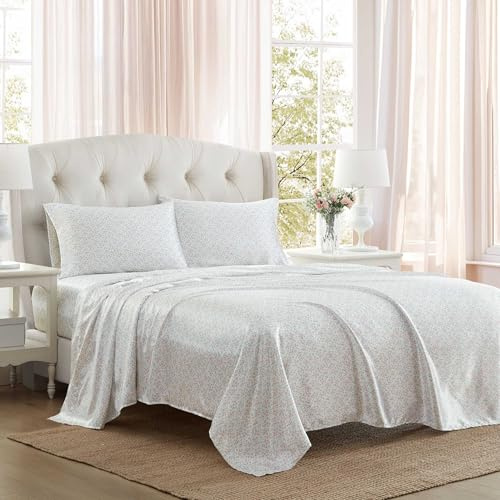Laura Ashley - Queen Bed Sheets, Printed Satin Bedding with Matching Pillowcases, Deep Pocket, Lightweight for Year-Round Use, Oeko-Tex Certified (Tierney Pink)