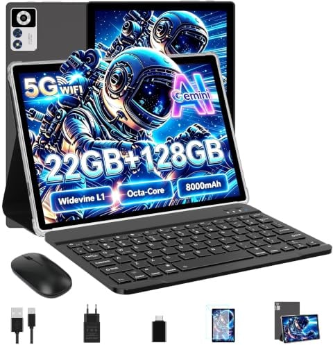 ZIOVO Tablet Android 14 Tablet 10 Pollici, 22GB RAM+128GB ROM (TF 1TB), 5G WiFi Tablet, Widevine L1/Octa-Core/8000mAh/Corpo Metallico/8+5MP/Supporto Netflix, 2 in 1 Tablet con Tastiera e Mouse- Nero