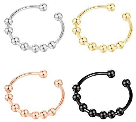 4 Stück Anti Stress Ring mit Perlen,Anxiety Ring,Antistress Ring Damen,Edelstahl Stressring Finger,4 Farben,Verstellbaren Größen Erhältlich von 50-66,Damenschmuck für Frauen Anfällig für Ängste