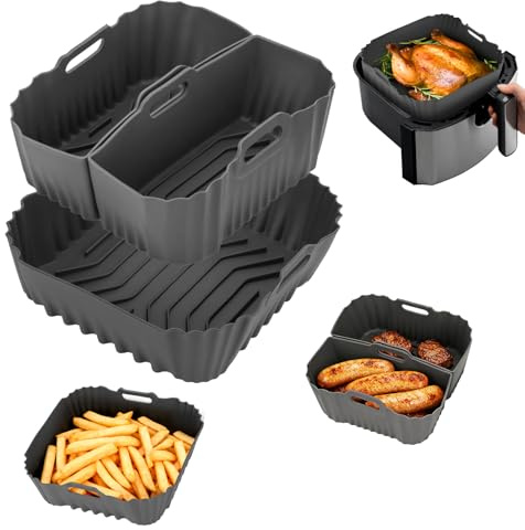 VINATO Set di 3 Teglie per Friggitrice ad Aria in Silicone, Accessori con Separazione Grasso, Lavabile in Lavastoviglie, Per COSORI, Ninja, Philips, Tefal, Russell Hobbs, Grigio