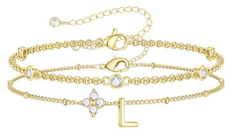 TINGN Armband Damen Gold - 14K Gold Vergoldete Vierblättriges Kleeblatt Armband mit Buchstaben CZ Armbänder Layered Buchstabe Armkette Damen Personalisierte Geschenke für Frauen Freundin Schmuck