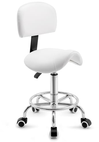 Sattelhocker mit Lehne – 360° drehbarer Hocker mit Rollen und verstellbarer Fußstütze | Sattelhocker mit Rollen höhenverstellbar 49-61 cm | Ideal für Büro, Salon und Kosmetik als Rollhocker (Weiß)