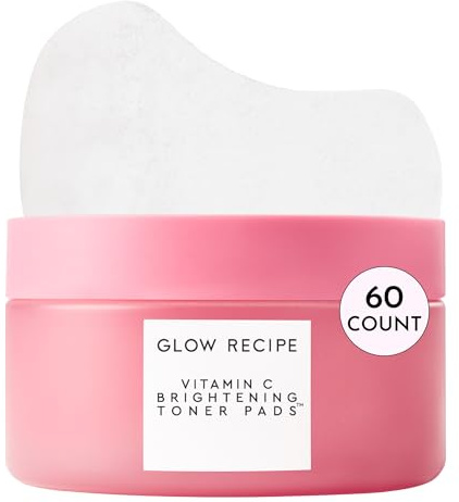 Glow Recipe Vitamin C Brightening Toner Pads - Korean Vitamin C Face Pads for Dark Circles Under-Eye and Cheeks - Light Face Exfoliator - Niacinamide, Caffeine, Guava - Fragrance-Free (60 Count)
