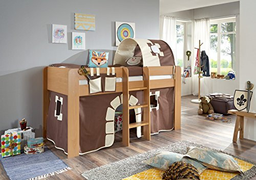 Relita Halbhochbett ANDI, Buche Dekor, LF 90x200 cm inkl. Vorhang, Tasche und 1-er Tunnel Burg