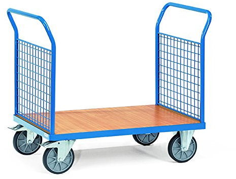 Fetra Plattformwagen - blau pulverbeschichtet - Ladefläche 1000x700 mm mit 2 Stirnwänden aus Drahtgitter
