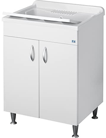Negrari Eco Lavatoio Bianco Misura 60x50 L60 P50 H85CM Lavapanni Interno Bagno Lavanderia Base Mobile Nobilitato Idrofugo Legno Lavabo Plastica Asse Piedini Ante Battenti Economico Qualità Medio Alta