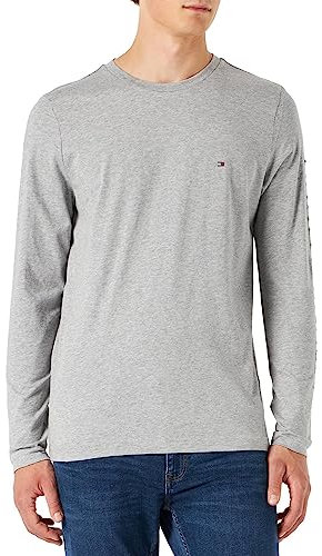Tommy Hilfiger Men's T-Shirt, Tommy Logo Long Sleeve TEE, Light Grey Heather, S