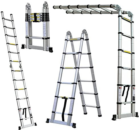 Lucn Escalera de aluminio, carga máxima de 150 kg, telescópica, plegable, 3,8 m + 1,9 m, ahorro de espacio, certificado de seguridad EN131