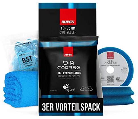 Polierpad Set: Rupes Bigfoot Polierschwamm für 75mm Stützteller - D-A Coarse Ø80-100mm blau (3 STK.) + ChemicalWorkz Premium Poliertuch 500GSM | 4-teilig