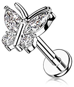 beyoutifulthings 1 Knorpel Ohr-Stecker Schmetterling Silber 4 Zirkonia Clear Piercing-s Chirurgenstahl Schraub-Verschluss Stab 8-mm lang