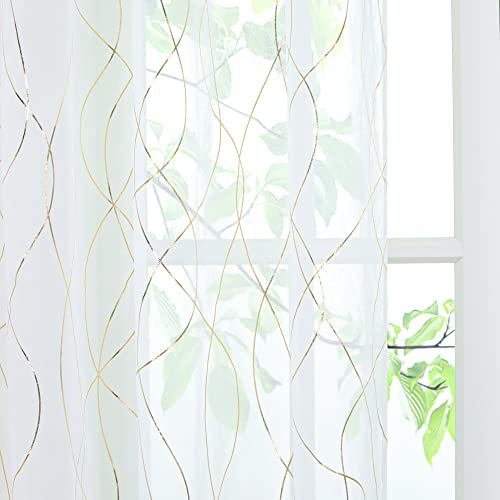 Yujiao Mao Voile Transparente Gardine mit Glanz Streifen Druck Morderne Wohnzimmer Gardinen, Gold mit Kräuselband, BxH 140x245cm, (1er Pack)
