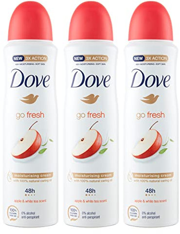 3x Dove Deodorante Go Fresh Mela e Tè Bianco 0% Alcol Anti-Traspirante - 3 Deodoranti Spray da 150ml