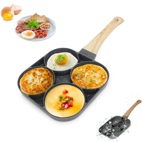 RANJIMA Sartén Tortitas,Sartén Huevos Poche de 4 Agujeros para Desayunos con Mango de Madera Aislado para Estufas de Gas y Cocinas de Inducción para Huevos Fritos Antiadherentes/hamburguesas