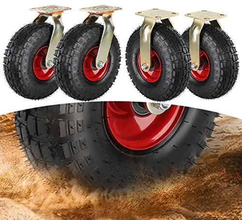 LIGUOYI Lenkrolle 4 Stück Geräuschlose Schwerlast Luftreifen Rollen, Bockrolle Mit Schrauben, Ø 200/250mm Transportrolle Tragkraft 480/600 Kg Pannensichere Möbelrolle Schwarz-rot (Size : 10inch)
