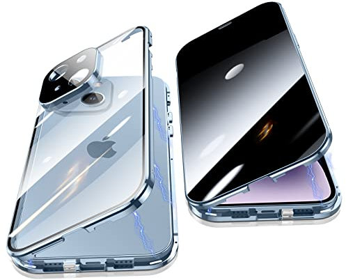 Jonwelsy Anti Peeping Case for iPhone 14 Plus (6.7), 360 Degree Front and Back Privacy Tempered Glass Cover, Magnetic Adsorption Metal Bumper (Blue)