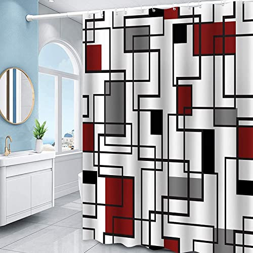 MEKPAM Geometrischer Duschvorhang Schwarz Rot Grau Kariert Für Modernes Badezimmer Duschvorhänge Stoff Wasserfest Farbe 180X180cm