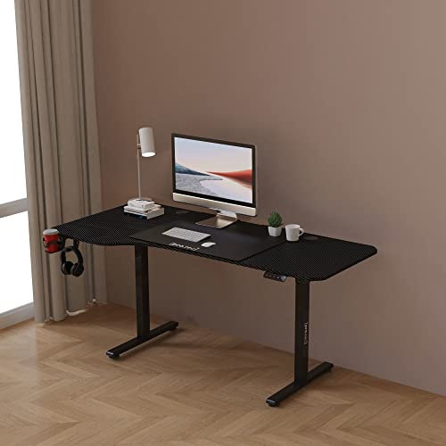 pro.tec Bureau Électrique à Hauteur Réglable Assis Debout Forme L Table Gaming Porte-Boissons Crochet Tapis de Souris Panneau de Particules Aluminium 160 x 60/75 cm Noir