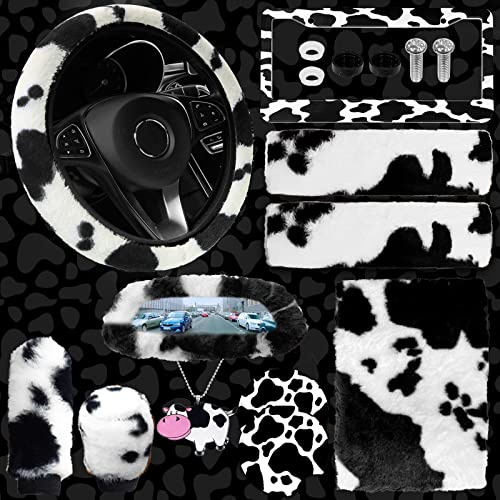 JINGSEN 11-teiliges Flauschiges Autozubehör-Set, Flauschiges Kuh-Druck, Plüsch-Lenkradbezüge für Frauen, weiches Fleece, Autoverkleidung, warme rutschfeste Auto-Dekoration (schwarz)