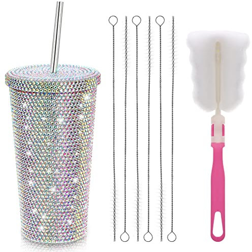 Mezchi Studded Bling Diamond Glitter Tumbler, 17 Oz Sparkly Stainless Steel Thermal Drinking Cup, Rhinestone Tumbler with 1 Pcs Brush 6 Pcs Straw Brushes for Women