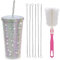 Mezchi Studded Bling Diamond Glitter Tumbler, 17 Oz Sparkly Stainless Steel Thermal Drinking Cup, Rhinestone Tumbler with 1 Pcs Brush 6 Pcs Straw Brushes for Women