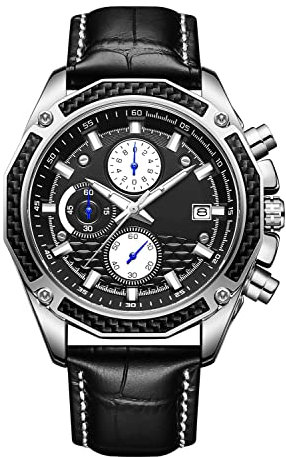 findtime Uhren Herren Chronographen Armbanduhr Männer Wasserdicht Edelstahl Analog Datum Stoppuhr Kalender Quarz Große Uhr für Jungen Business Klassische Schwarz