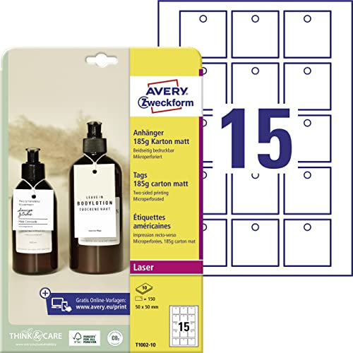 AVERY Zweckform T1002-10 stabile Anhänger 150 Stück inkl. Schnüre (50x50mm auf A4, beidseitig bedruckbare Produktanhänger, extra feine Perforation, Geschenkanhänger, Preisanhänger) Karton 185g, weiß