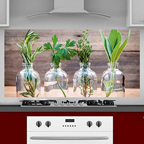 INDIGOS UG Spritzschutz - Kräuter im Glas - 130x50 cm - Aluverbund Platte Bedruckt - mit Bild - Motiv - Küche - Küchenrückwand - Schild - Spritzschutz - Herd - Ofen