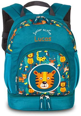 minimutz Kinderrucksack Jungen Mädchen | Personalisiert mit eigenem Namen | Freizeitrucksack Wanderrucksack Kinder | Safari Jungle Tiger in türkis